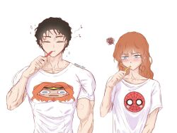  1boy 1girl alternate_costume annoyed bite_mark bite_mark_on_neck bite_mark_on_shoulder black_hair brown_hair brushing_teeth closed_eyes commentary english_commentary hetero highres holding holding_toothbrush jean_grey long_hair marvel muscular muscular_male musical_note peter_parker shirt simple_background sleepy_almn spider-man spider-man_(series) squiggle toothbrush toothbrush_in_mouth twitter_username white_background white_shirt x-men 