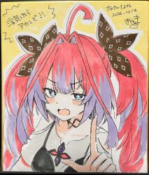 1girl absurdres ahoge blue_eyes blush breasts clothing_cutout fang grey_shirt highres hololive hololive_dev_is kikirara_vivi kikirara_vivi_(1st_costume) kiritoma long_hair looking_at_viewer multicolored_hair open_mouth photo_(medium) pink_hair pointing pointing_at_viewer purple_hair shikishi shirt short_sleeves shoulder_cutout small_breasts solo traditional_media translation_request twintails two-tone_hair upper_body v-shaped_eyebrows very_long_hair virtual_youtuber 