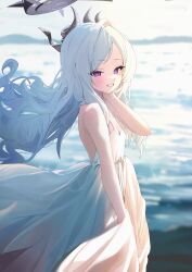  1girl :d absurdres alternate_costume backless_dress backless_outfit beach black_halo black_horns blue_archive commentary_request cowboy_shot demon_girl demon_horns dress floating_hair from_side grey_hair halo hand_on_own_neck happy highres hina_(blue_archive) horns k2_(jack_lin) long_hair looking_at_viewer missing_wings multiple_horns outdoors parted_bangs sleeveless sleeveless_dress smile solo very_long_hair violet_eyes white_dress white_hair 
