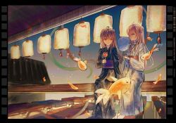  2girls ahoge alternate_costume black_kimono blue_eyes candy_apple closed_mouth cotton_candy evil_neuro-sama fish flying_fish food from_side hair_between_eyes highres holding holding_candy_apple holding_cotton_candy holding_food japanese_clothes kimono lantern multiple_girls neuro-sama open_mouth outdoors paper_lantern profile purple_sash red_eyes red_sash sash siblings sisters sitting summer_festival twins vedal_ai virtual_youtuber white_kimono yneee2008 