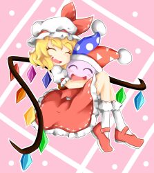  1boy 1girl blonde_hair closed_eyes commentary crossover crystal crystal_wings english_commentary fang flandre_scarlet full_body hat hat_ribbon highres hug jambullo99 jester_cap kirby_(series) marx_(kirby) mob_cap multicolored_wings pink_background polka_dot_headwear puffy_sleeves red_skirt red_vest ribbon skirt skirt_set touhou trait_connection triangle_print two-tone_headwear vampire vest white_hat wings 