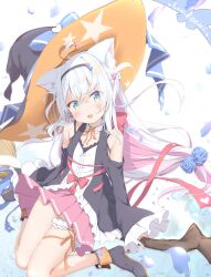  1girl ahoge animal_ears bare_shoulders black_hairband black_shoes blue_bow blue_eyes blue_petals blue_ribbon bow breasts broom cat_ears cat_tail choker commentary_request falling_petals flower_ornament frilled_sleeves frills gradient_eyes hairband halloween heart heart_ahoge heart_in_eye heart_print high_heels indie_virtual_youtuber kazari_lua light_blush long_hair looking_at_viewer low-tied_long_hair multicolored_eyes multicolored_hair open_mouth orange_ribbon petals pink_hair pink_skirt pirason red_bow red_ribbon ribbon ribbon_choker ribbon_thigh_strap shoes sitting skirt small_breasts solo star_(symbol) symbol_in_eye tail thigh_strap two-tone_hair very_long_hair virtual_youtuber wariza white_background white_hair white_tail witch yellow_eyes 