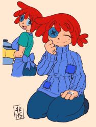  1girl 4rm5trong apron blue_apron blue_sclera blue_sweater breasts button_eyes buttons closed_eyes colored_sclera commentary cooking_pot english_commentary glint highres holding holding_cooking_pot jewelry large_breasts open_mouth oven_mitts patchwork_clothes ponytail ragatha_(the_amazing_digital_circus) red_hair ribbed_sweater ring seiza short_ponytail signature sitting sleeves_past_wrists smile sweater the_amazing_digital_circus thick_thighs thighs triangle_nose turtleneck turtleneck_sweater wedding_ring wide_hips 