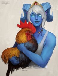  1girl animal artist_name bird blue_eyes blue_sclera blue_skin chicken colored_sclera colored_skin commentary cropped_torso draenei english_commentary firenger highres holding holding_animal horns looking_at_viewer pointy_ears short_hair simple_background smile solo tank_top tendril warcraft white_hair world_of_warcraft yrel 
