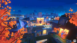  1girl 2boys 6+others absurdres autumn autumn_leaves bar_(place) bottle chillhop_music dedouze furry graffiti highres jazz_(chillhop_music) landscape leaf mango_(chillhop_music) milkshake_(chillhop_music) multiple_boys multiple_others night no_humans non-web_source official_art official_wallpaper on_rooftop polar_bear_boy pralad0x rabbit_girl raccoon_(chillhop_music) raccoon_boy samkaat skyline sofiajart urashi wine_bottle 