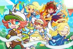 2girls 3boys alternate_costume angel angel_wings armband bandaid bandaid_on_face bandaid_on_nose black_coat black_eyes black_pants black_shirt blonde_hair blue_eyes blue_hairband blue_jacket blue_pants blue_shoes blue_shorts bread brown_eyes brown_gloves brown_hair brown_shorts clothes_around_waist coat colorful_clouds commentary_request creature day drawstring ear_tufts eating facial_mark falling_leaves fang fingerless_gloves finish_line fire food food_on_face gakuran glasses gloves goutarou_(puyopuyo) green_hat green_headband green_shoes hachimaki hair_between_eyes hair_ornament hairband halo hat headband heart heart_hair_ornament holding holding_bread holding_food holding_relay_baton hood hood_down hooded_jacket horned_hat jacket jacket_around_waist leaf lens_flare long_hair low-tied_long_hair lux_(determined)_(puyopuyo) lux_(puyopuyo) midriff_sarashi mongo_(puyopuyo) multiple_boys multiple_girls non-circular_lens_flare official_alternate_costume official_style on_creature open_clothes open_coat open_jacket open_mouth orange_eyes orange_shirt orange_shoes outdoors pants pennant pimyuhuwa pince-nez pointy_ears puyopuyo puyopuyo_quest raglan_sleeves red_eyes red_hair red_headband relay_baton relay_race riding round_eyewear running sarashi school_uniform shirt shoes short_hair short_sleeves shorts side_ponytail silvie_(puyopuyo) smile sneakers sora_(puyopuyo) sparkle sports_festival standing string_of_flags sun tan thick_eyebrows torn_clothes torn_coat track_jacket track_pants track_suit traditional_halo twitter_username v-shaped_eyebrows visor_cap white_gloves white_headband white_shirt white_shorts white_visor_cap white_wings wings wristband yellow_armband yellow_halo yellow_headband 