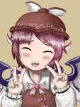 animal_ears blush_stickers closed_eyes double_v eyes_closed face hands hat iritate_shougun mystia_lorelei no_nose pink_hair short_hair simple_background smile solo tears touhou v wings 