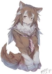  1girl animal_ear_fluff animal_ears aranagi_(arng_4401) argyle_clothes argyle_skirt blush brown_eyes brown_hair brown_shirt brown_skirt brown_sleeves character_request check_character check_copyright colored_tips commentary_request copyright_request fur_collar gradient_clothes gradient_skirt gradient_sleeves hair_between_eyes half-closed_eyes japanese_wolf_(kemono_friends) kemono_friends multicolored_hair necktie open_mouth own_hands_together plaid_clothes plaid_necktie purple_necktie purple_skirt shirt signature simple_background skirt solo tail triangle_mouth upper_body v-shaped_eyebrows white_background white_hair white_sleeves wolf_ears wolf_girl wolf_tail 
