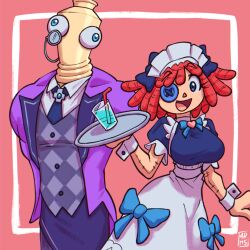  1boy 1girl 4rm5trong alternate_breast_size_(larger) alternate_costume black_necktie blue_bow blue_eyes bow breasts brooch button_gap checkered_clothes checkered_vest commentary drinking_straw english_commentary glass heart heart_brooch highres jacket jewelry kinger_(the_amazing_digital_circus) large_breasts maid maid_headdress monocle necktie puffy_short_sleeves puffy_sleeves purple_jacket ragatha_(the_amazing_digital_circus) red_hair short_sleeves signature the_amazing_digital_circus vest wall-eyed wrist_cuffs 