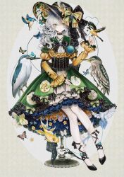 1girl back_bow bird bird_on_hand bird_request black_bow black_choker black_hat black_shoes blue_bird blue_butterfly bow bug butterfly chinese_commentary choker closed_mouth collared_shirt commentary_request disembodied_linked_eye embellished_costume eyeball fish floral_print frilled_shirt_collar frilled_skirt frilled_sleeves frills full_body green_eyes green_skirt grey_hair hat hat_bow heart heart_of_string highres hourai_kiriri hummingbird komeiji_koishi long_hair long_sleeves looking_at_viewer pantyhose shirt shoes sitting skirt solo touhou white_pantyhose yellow_bow yellow_butterfly yellow_shirt 