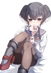  1girl absurdres black_hair black_pantyhose blue_sailor_collar commentary_request grey_hair grey_shoes high_heels highres kanae_(inorin05kanae) kantai_collection multicolored_shoes no_pants pantyhose red_shoes sailor_collar school_uniform serafuku shoes simple_background sitting solo thick_eyebrows tokitsukaze_(kancolle) two-tone_shoes violet_eyes white_hair white_serafuku 