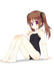  arm_support barefoot blush brown_hair child feet flat_chest legs leotard long_hair meito_(artist) meito_(maze) original purple_eyes sitting solo twintails violet_eyes 