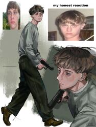  1boy bags_under_eyes black_pants blonde_hair blue_eyes blunt_bangs blush boots bowl_cut brown_boots closed_mouth cyril_1214 dylann_roof english_text expressionless facing_to_the_side finger_on_trigger full_body glock grey_shirt grey_sweater gun handgun highres holding holding_gun holding_weapon lips long_sleeves looking_ahead male_focus multiple_views nostrils pants photo_inset pocket real_life shirt shirt_tucked_in short_hair solo sweater true_crime walking weapon 