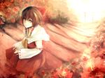  1girl bow brown_hair character_name detached_sleeves flower gracehoo hair_bow hair_tubes hakurei_reimu japanese_clothes long_hair looking_at_viewer miko scenery solo touhou 