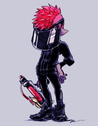  1boy black_jacket black_pants black_shoes face_shield full_body grey_background gun hand_on_own_hip highres holding holding_gun holding_weapon ikapnmn2 inkling_boy inkling_player_character jacket long_sleeves looking_at_viewer male_focus mohawk pants pointy_ears protected_link red_hair shoes short_hair solo splatoon_(series) standing very_short_hair weapon weapon_request 