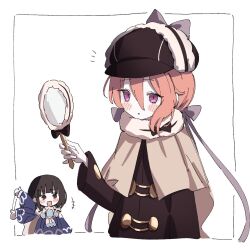  2girls black_bow black_hair blue_dress blue_gem blush bow cape commentary deerstalker detached_sleeves detec_bell detective dress gem hat holding holding_magnifying_glass lapis_lazuline magical_girl magnifying_glass mahou_shoujo_ikusei_keikaku mahou_shoujo_ikusei_keikaku_restart multiple_girls open_mouth pink_hair red_eyes short_hair tama_sakura untranslatable_commentary violet_eyes waving 