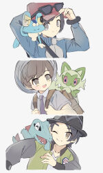  3boys :d absurdres backpack bag black_hat blue_jacket bracelet brown_bag calem_(pokemon) closed_mouth collared_shirt florian_(pokemon) froakie grey_eyes grin hat highres holding_strap jacket jewelry male_focus multiple_boys necktie open_clothes open_jacket open_mouth paxton_(pokemon) pokemon pokemon_(creature) pokemon_legends:_z-a pokemon_scarlet_and_violet pokemon_x_and_y red_hat revue_(rever_res) shirt short_hair smile sprigatito sunglasses teeth totodile 