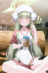 ! !! +_+ 1girl absurdres blue_archive blurry blurry_background breasts cape casual cellphone closed_mouth commentary cup drinking_straw egg green_hair green_halo hair_between_eyes halo hand_up highres hikari_(blue_archive) holding holding_cup indian_style indoors kanzi large_breasts long_hair long_sidelocks looking_ahead medium_breasts messy_eater phone pointy_ears shirt short_shorts shorts sidelocks sitting smartphone solo t-shirt untranslatable_commentary white_shirt yellow_eyes 