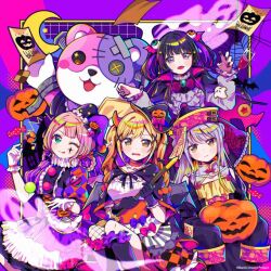  5girls :q :| ;q animal_ears bandaid bang_dream! bare_shoulders bat_ears bat_wings black_dress black_hair black_nails blonde_hair breasts brown_eyes candy closed_mouth clown collarbone collared_shirt cookie demon_girl demon_horns dress food ghost gloves green_eyes grey_hair hair_ornament hair_ribbon hat holding holding_paper holding_pumpkin holding_stick horns ichigaya_arisa jiangshi large_breasts long_hair long_sleeves looking_at_viewer mascot_costume medium_breasts michelle_(bang_dream!) minato_yukina moon multiple_girls necktie okusawa_misaki one_eye_closed open_mouth paper pink_hair pumpkin ribbon shirokane_rinko shirt short_sleeves shy silk sitting smile sparkling_eyes spider_web standing stick tongue tongue_out twintails uehara_himari vampire violet_eyes white_gloves wings witch_hat zombie 