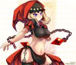  blonde_hair breasts chain chains crystal curvy garter_straps head_scarf hood killyoh lace lace-trimmed_thighhighs large_breasts midriff navel odin_sphere outstretched_arms purple_eyes smile spread_arms thigh-highs thighhighs velvet velvet_(odin_sphere) violet_eyes 