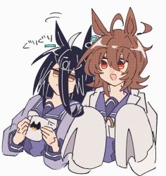  2girls agnes_tachyon_(umamusume) ahoge animal_ears black_hair brown_eyes brown_hair coffee_mug commentary_request cup ear_piercing earrings gachitamago hair_between_eyes holding holding_cup horse_ears horse_girl jewelry lab_coat leaning_on_person leaning_to_the_side long_hair long_hair_between_eyes manhattan_cafe_(umamusume) mug multiple_girls open_mouth piercing school_uniform short_hair sweat sweatdrop tracen_school_uniform umamusume white_background yellow_eyes 