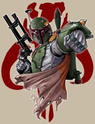  1boy armor boba_fett cape clenched_hands commentary_request green_armor green_helmet grey_cape gun helmet highres holding holding_gun holding_weapon looking_at_viewer mandalorian mandalorian_armor mandalorian_helmet solo star_wars torn_cape torn_clothes upper_body weapon wswc8755 