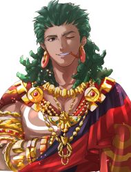 1boy absurdres armlet bracelet brown_eyes colored_eyebrows commentary_request dark-skinned_male dark_skin dreadlocks earrings fire_emblem fire_emblem:_fortune's_weave gold_armlet gold_bracelet gold_necklace gold_ring green_hair highres jewelry konnichi_warou male_focus mouth_hold multiple_bracelets multiple_necklaces multiple_rings necklace one_eye_closed red_toga ring simple_background solo talimun_vandahl upper_body white_background 