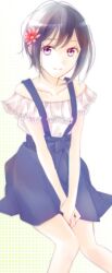  1girl aldnoah.zero alternate_costume amifumi_inko black_hair blue_skirt casual collarbone commentary_request flower frilled_shirt frills hair_flower hair_ornament hase_kurayu off-shoulder_shirt off_shoulder own_hands_together red_flower shirt short_hair skirt solo suspender_skirt suspenders violet_eyes white_shirt 