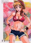  bikini_top bracelet breasts brown_eyes cleavage cover cover_page cutoffs denim denim_shorts doujin doujinshi hat highres isao isao-majimeya jewelry nami navel one_piece open_mouth orange_hair short_hair shorts smile solo 