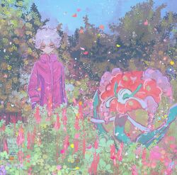  1boy 1girl bede_(pokemon) big_hair closed_eyes closed_mouth coat colored_skin commentary_request curly_hair falling_petals field florges florges_(red_flower) flower flower_field full_body highres horimhkw11 looking_at_object monster_girl multicolored_skin petals pink_flower plant_girl pokemon pokemon_(creature) pokemon_sword_and_shield purple_coat red_hair short_hair standing two-tone_skin violet_eyes white_skin yellow_flower 