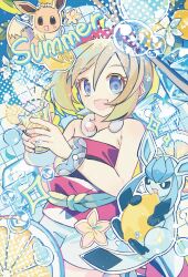  1girl :d blonde_hair blue_eyes bubble collarbone commentary_request cup drinking_straw eevee eyelashes flower glaceon glass hair_between_eyes hairband happy highres holding holding_cup irida_(pokemon) jewelry korean_commentary medium_hair neck_ring open_mouth pokemon pokemon_(creature) pokemon_legends:_arceus revue_(rever_res) sash shirt shorts sliced_fruit smile strapless strapless_shirt white_shorts 