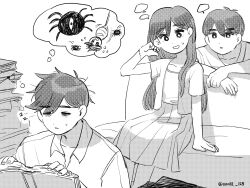  1girl antenna_hair book brother_and_sister bug closed_eyes couch gokun hero_(omori) highres mari_(faraway)_(omori) mari_(omori) omori open_mouth siblings sleepy smile speech_bubble spider sunny_(omori) sweatdrop thought_bubble 