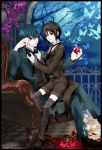  alternate_age aqua_hair black_hair brown_eyes butterfly ciel_phantomhive highres kuroshitsuji mrsloth nail_polish red_eyes role_reversal sebastian_michaelis short_hair thigh-highs thighhighs young 