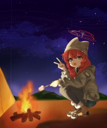  1girl absurdres animal_ear_headwear beanie black_pantyhose blue_archive blue_eyes blush braid brown_jacket campfire camping commentary_request cooking fire food grey_hat hair_between_eyes halo hat highres jacket korean_commentary long_hair long_sleeves looking_at_viewer maki_(blue_archive) maki_(camp)_(blue_archive) marshmallow night official_alternate_costume official_alternate_hairstyle open_mouth outdoors pantyhose red_hair red_halo ring_of_light_(blue_archive) roasted_marshmallow roasting sky smile solo squatting tent twin_braids unnnenn v 