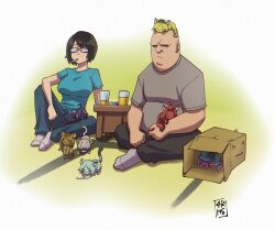  1boy 4rm5trong 6+girls alcohol animalization bald beer box breasts cardboard_box cat cigarette commentary english_commentary etsushimaru_yakuko fat fat_man freckles glass glasses highres indian_style kujou_nazuna large_breasts multiple_girls nishi_kaoruko nishi_shunran ootani_ouya opaque_glasses sakai_aruko satou_yaniko shirt short_hair signature sitting smoking socks t-shirt table tatami tatsuno_saori white_socks yani_neko yurufuwa_anal_tenshi_hameko 