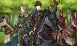  3boys armor berkut_(fire_emblem) black_armor black_eyes black_hair fernand_(fire_emblem) fire_emblem fire_emblem_echoes:_shadows_of_valentia game_asset green_armor grey_hair hidari_(left_side) horse horseback_riding leg_armor looking_at_viewer multiple_boys official_art red_armor riding short_hair smirk tree 