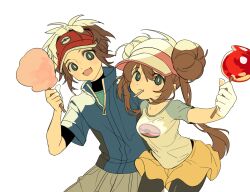  1boy 1girl black_pantyhose blue_eyes bodysuit bodysuit_under_clothes candy_apple closed_mouth commentary_request cotton_candy donut_hair_bun double_bun food food_in_mouth geumz1_pp hair_between_eyes hair_bun highres holding holding_candy_apple holding_cotton_candy holding_food korean_commentary nate_(pokemon) open_mouth pantyhose pantyhose_under_shorts poke_ball_print pokemon pokemon_black_2_and_white_2 raglan_sleeves rosa_(pokemon) shirt short_hair shorts sidelocks twintails visor_cap white_background yellow_shorts zipper_pull_tab 