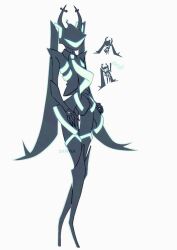  1other aqua_necktie aqua_trim armor artist_name black_boots black_horns black_skin boots chibi chibi_inset colored_skin cosplay deltarune fusion hatsune_miku hatsune_miku_(cosplay) highres horns necktie other_focus roaring_knight shirt simple_background sitritea stigmata twintails utdr_(toby_fox) vocaloid white_shirt 
