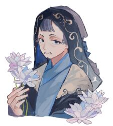  1boy absurdres black_facial_hair blue_robe blunt_bangs commentary_request facial_hair flower goatee grey_hair hat highres holding holding_flower jxchoo30 korean_commentary looking_at_viewer lotus mustache pencil_mustache robe shigi_qutugu_(tenmaku_no_jaadugar) tenmaku_no_jaadugar upper_body 
