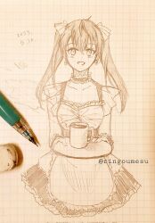  1girl apron art_tools_in_frame artist_name blush choker coffee coffee_mug collarbone cup d.gray-man dangle_earrings dress earrings eyelashes frilled_apron frilled_choker frilled_dress frilled_sleeves frilled_wrist_cuffs frills graphite_(medium) hair_between_eyes hair_ribbon highres holding holding_plate jewelry lenalee_lee long_hair looking_at_viewer maid maid_apron maid_day monochrome mug parted_bangs parted_lips plate ribbon ringoumesu short_dress short_sleeves sidelocks signature sketch smile solo traditional_media twintails twitter_username two-tone_dress upper_body wrist_cuffs 