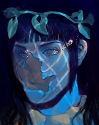  1boy black_hair blunt_bangs closed_mouth commentary cracked_skin expressionless head_wreath highres hijx jojo_no_kimyou_na_bouken jojolion laurel_crown leaf leaf_wreath long_hair looking_at_viewer madra_(album) male_focus parody porcelain portrait romaji_commentary solo tears underwater yagiyama_yotsuyu 