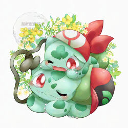  bandana bulbasaur claws commentary_request fangs flower full_body hat highres no_humans nostrils one_eye_closed open_mouth pokemon pokemon_(anime) pokemon_(creature) pokemon_the_series:_ruby_and_sapphire red_bandana red_eyes red_hat tsukasa_pika yellow_flower 