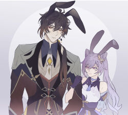  1boy 1girl animal_ears armpit_crease bare_shoulders braid braided_bangs brown_coat brown_hair brown_sleeves brown_vest chest_jewel chinese_clothes closed_mouth coat collared_shirt commentary cone_hair_bun contrast_collar detached_sleeves english_commentary eyeliner frilled_sleeves frills gem genshin_impact gloves hair_between_eyes hair_bun hair_over_shoulder hand_on_another's_arm height_difference highres keqing_(genshin_impact) lapels light_smile locked_arms long_hair long_sleeves looking_at_another looking_at_viewer low-tied_long_hair madeleinesanart makeup neck_tassel pink_eyes pink_lips popped_collar purple_gloves purple_hair rabbit_boy rabbit_ears rabbit_girl rattail red_eyeliner shirt sidelocks tassel tsurime twintails undershirt vest white_shirt white_sleeves wing_collar yellow_eyes yellow_gem zhongli_(genshin_impact) 