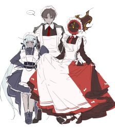  1boy 1girl 1other absurdres apron black_dress blue_dress charon_(project_moon) clock commentary_request crossdressing crossdressing_(mtf) dante_(limbus_company) dark-skinned_female dark_skin dress fire full_body grey_hair highres jersey_maid limbus_company long_hair looking_at_viewer low_twintails maid maid_headdress male_maid mixed_maids oarctic object_head project_moon red_dress simple_background twintails unconventional_maid vergilius_(project_moon) very_long_hair white_apron white_background 