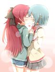  blue_hair blush bow closed_eyes eyes_closed hair_bow hair_ornament hairclip hand_holding heart highres holding_hands kiss long_hair mahou_shoujo_madoka_magica miki_sayaka mutual_yuri ponytail red_hair redhead sakura_kyouko school_uniform shorts skirt yuri 