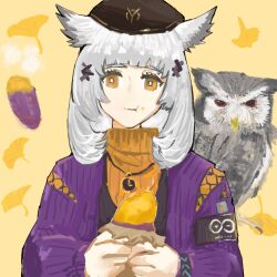  1girl arknights bird black_hat clock_necklace commentary eating feather_hair food food_on_face grey_hair hair_ornament hat highres holding infection_monitor_(arknights) jacket long_hair long_sleeves looking_at_viewer official_alternate_costume orange_eyes orange_sweater owl owl_ears owl_girl ptilopsis_(arknights) ptilopsis_(serenity)_(arknights) purple_jacket rhine_lab_logo saibogu710 solo sweater sweet_potato turtleneck untranslatable_commentary upper_body yellow_eyes 