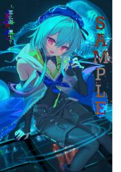  1boy :d absurdres arknights bare_shoulders beret black_boots black_choker black_gloves black_pantyhose black_shirt black_shorts blue_hair blue_hat blue_jacket blue_nails blue_neckerchief boots candy chinese_text choker commission elbow_gloves feet_out_of_frame food gloves hair_between_eyes hand_up hat head_tilt highres holding holding_candy holding_food holding_lollipop hood hood_down infection_monitor_(arknights) jacket jellyfish lollipop long_sidelocks looking_at_viewer male_focus mihuashi_commission mizuki_(arknights) neckerchief pantyhose pantyhose_under_shorts pink_eyes see-through_clothes see-through_jacket shirt short_hair_with_long_locks shorts sidelocks sitting smile solo translation_request trap xiang_ting_xue zipper 
