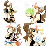  &gt;_&lt; bag baseball_cap blue_eyes blush brown_hair closed_eyes crossed_arms denim denim_shorts eyes_closed hat heart holding holding_poke_ball kiss krokorok licking n_(pokemon) poke_ball pokemon pokemon_(creature) pokemon_(game) pokemon_black_and_white pokemon_bw ponytail shorts solosis toko touko_(pokemon) translated translation_request vanillite 