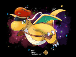  bag black_background brown_bag claws closed_mouth clothed_pokemon commentary_request dated dragon dragon_wings dragonite english_text full_body green_eyes hat heart highres mailbag no_humans nostrils pikaichi5010 pokemon pokemon_(anime) pokemon_(creature) pokemon_day pokemon_focus red_hat signature smile solo star_(symbol) wax_seal wings 