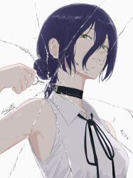  1girl black_choker black_ribbon breasts chainsaw_man choker collared_shirt commentary crack cracked_glass english_commentary green_eyes grenade_pin hair_between_eyes hair_bun highres imminent_explosion lei_bao long_hair_between_eyes looking_at_viewer neck_ribbon parted_lips pull_cord purple_hair reze_(chainsaw_man) ribbon shirt short_hair signature simple_background sleeveless sleeveless_shirt solo white_shirt 